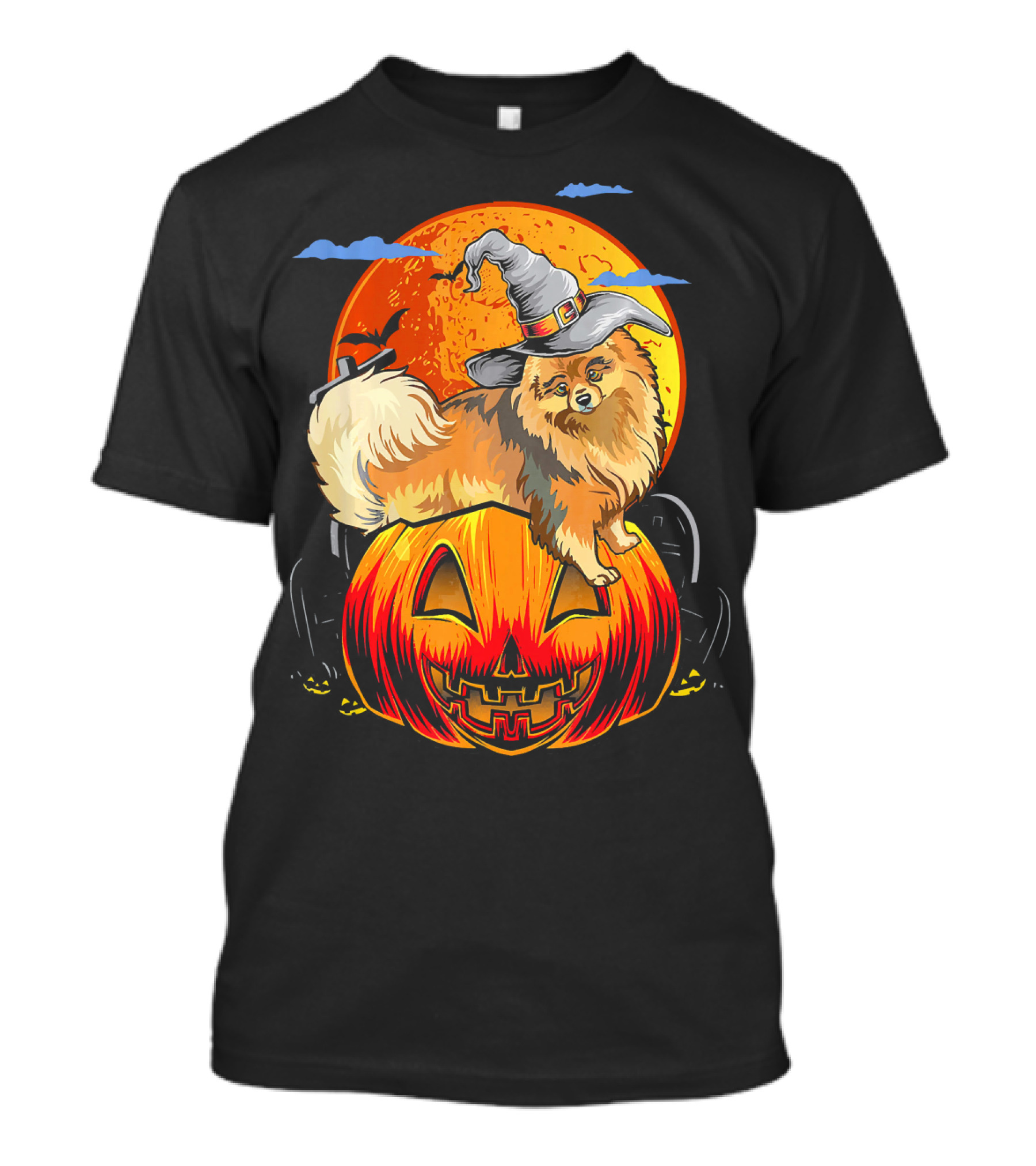 Pomeranian Halloween Pumpkin Witch Hat Moon And Bats T-Shirt