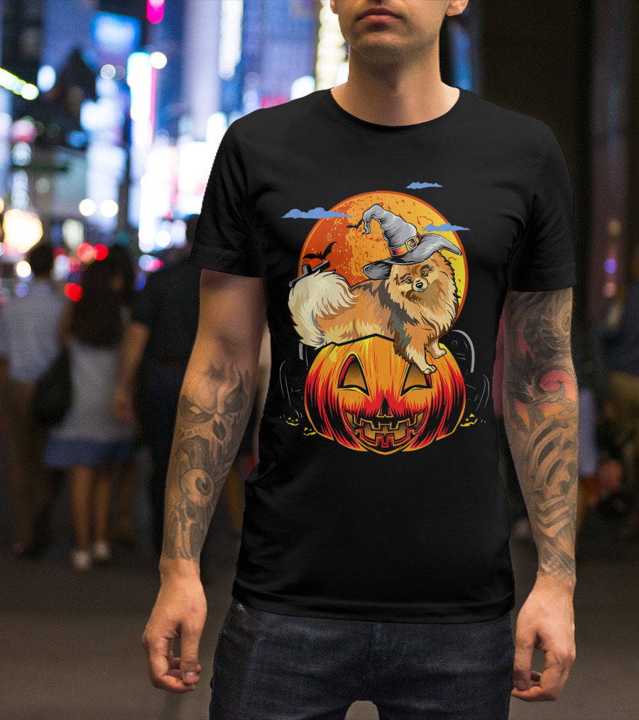 Pomeranian Halloween Pumpkin Witch Hat Moon And Bats T-Shirt