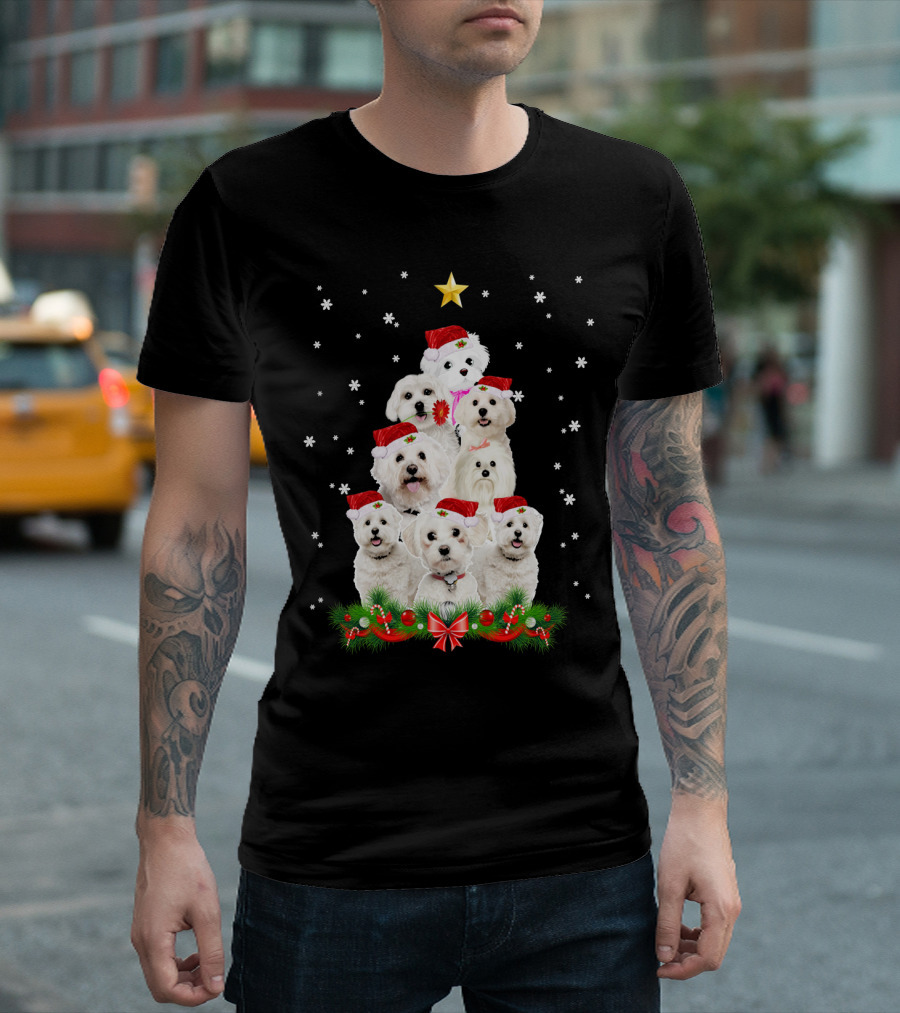 Christmas Tree Maltese Dogs with Santa Hats and Star T-Shirt