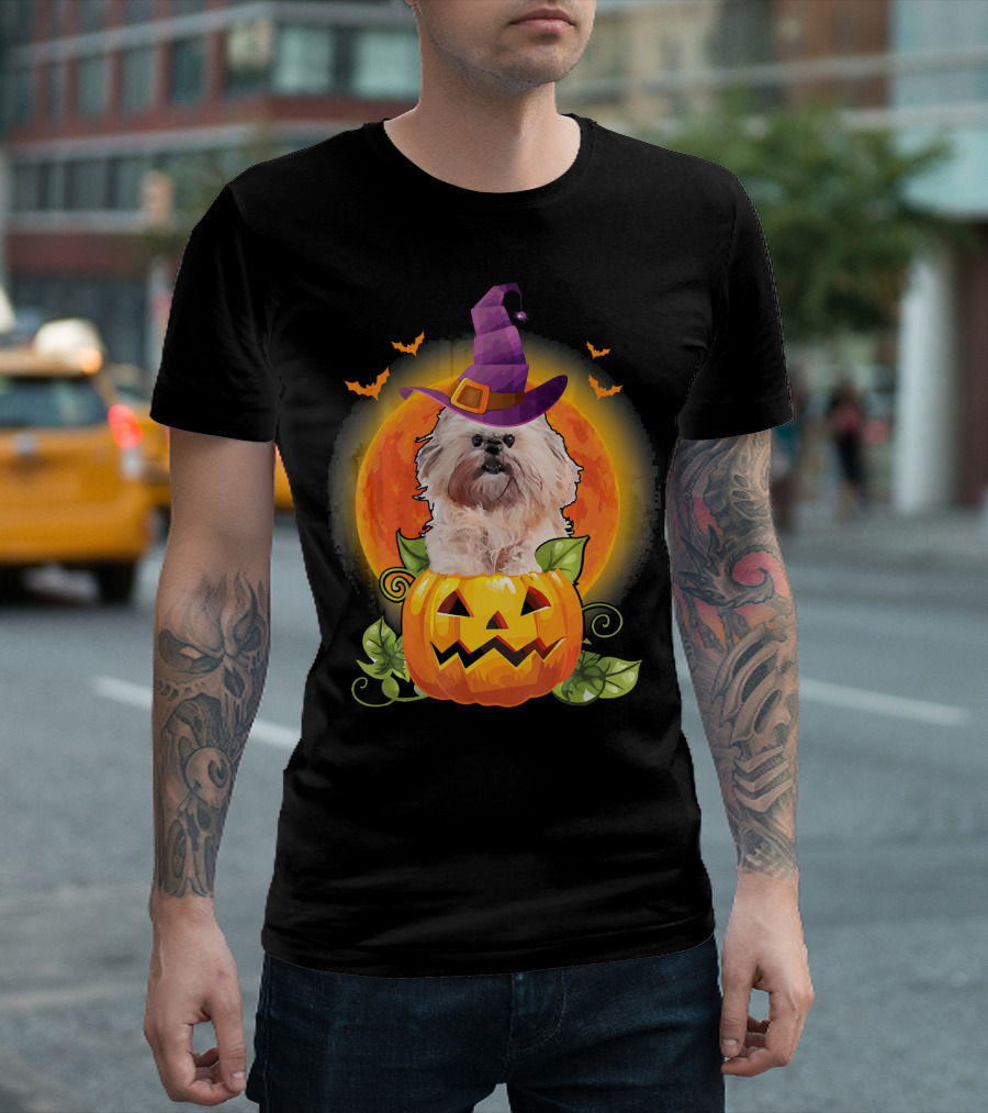 Funny Shih Tzu Dog Halloween Pumpkin Witch Hat Spooky Moon T-Shirt