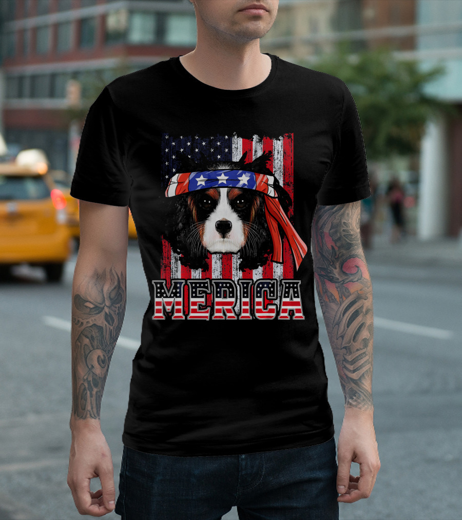 Merica Cavalier King Charles Spaniel with Stars and Stripes Bandana T-Shirt