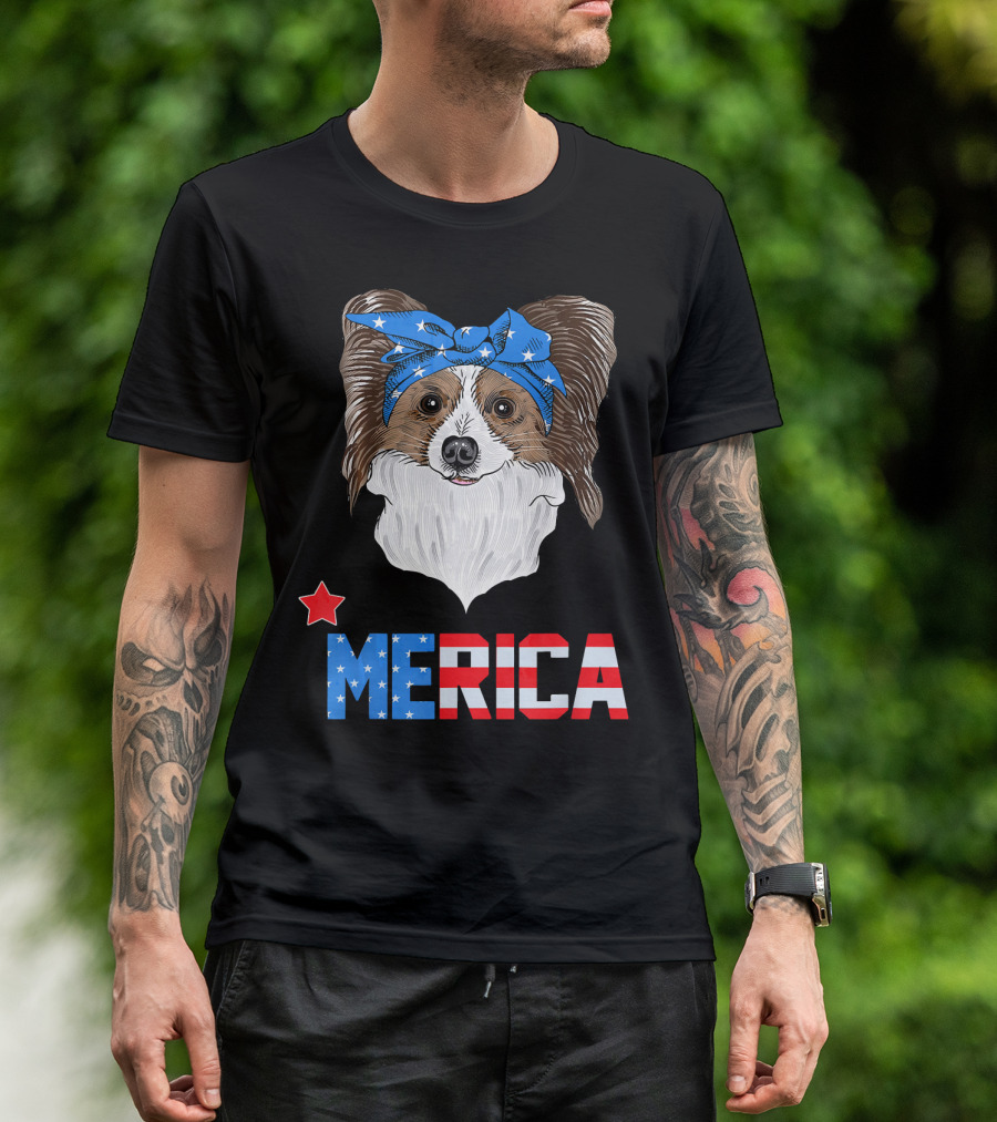 Papillon Mom American Flag Merica Dog With Bandana T-Shirt