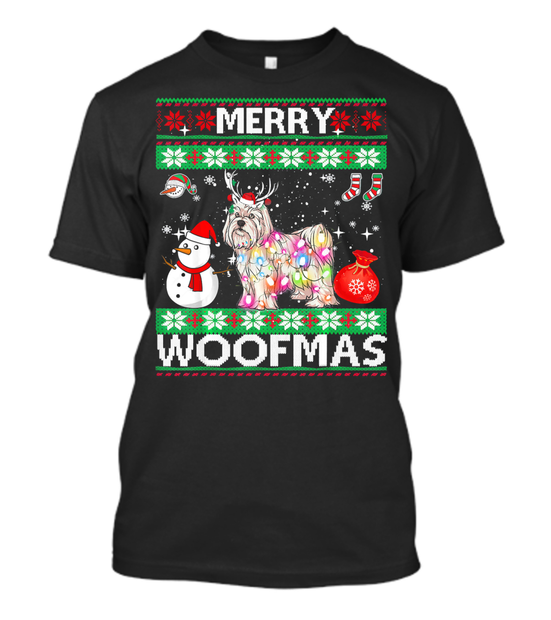 Merry Woofmas Christmas Lights Maltese Snowman Reindeer Antlers T-Shirt