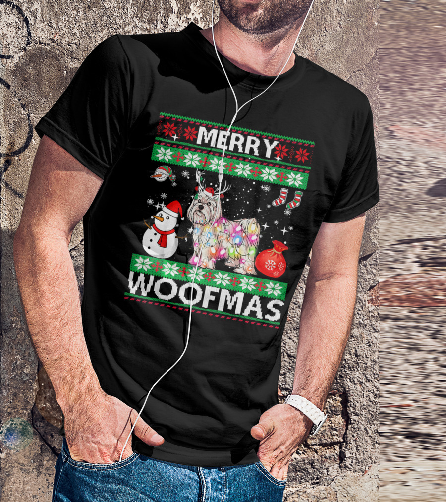 Merry Woofmas Christmas Lights Maltese Snowman Reindeer Antlers T-Shirt
