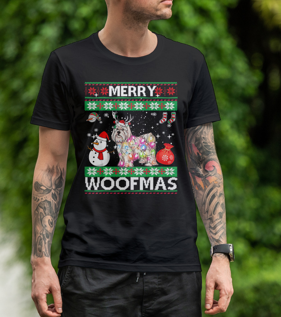Merry Woofmas Christmas Lights Maltese Snowman Reindeer Antlers T-Shirt