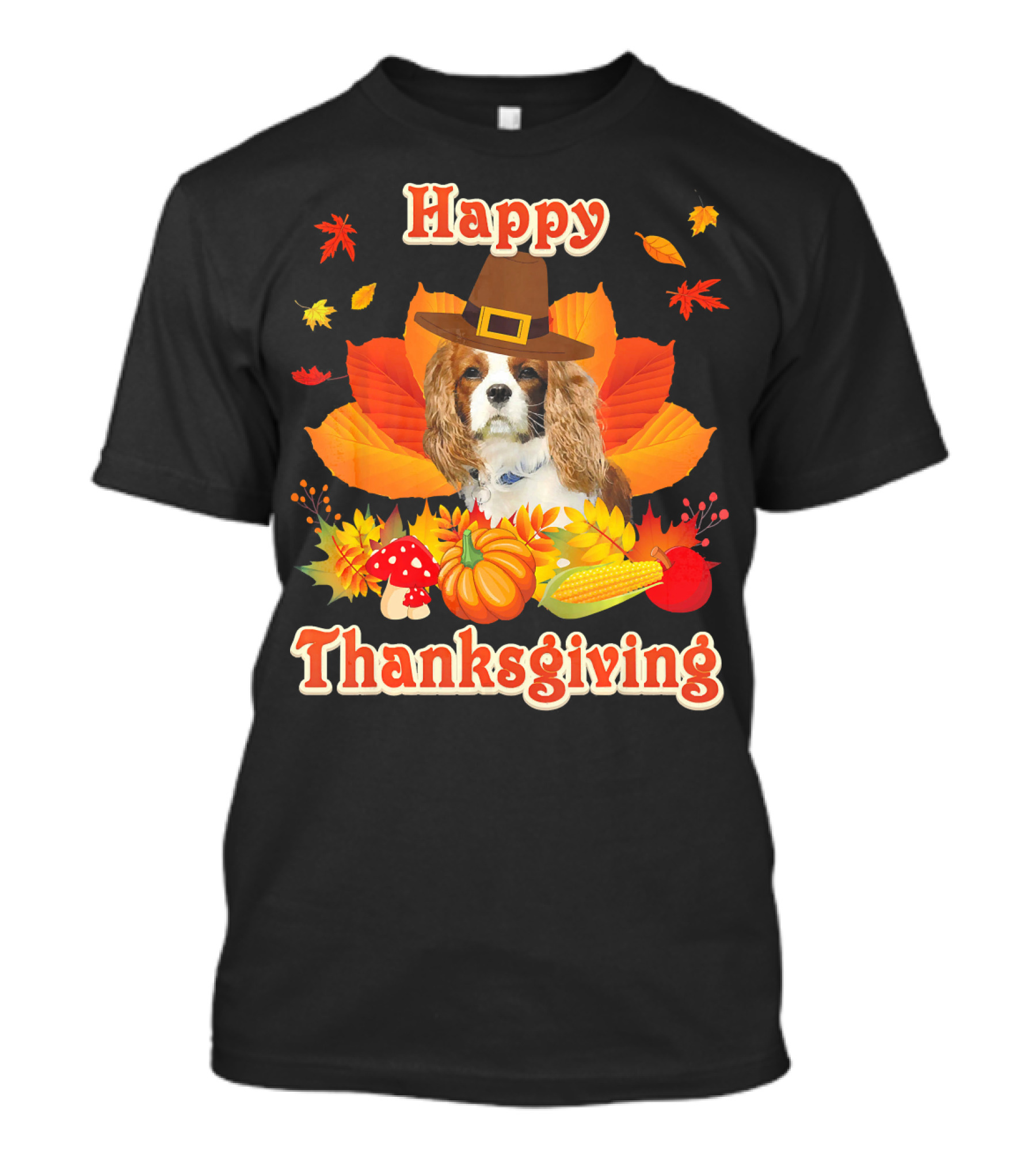 Happy Thanksgiving Cavalier King Charles With Pilgrim Hat And Autumn Harvest Elements T-Shirt