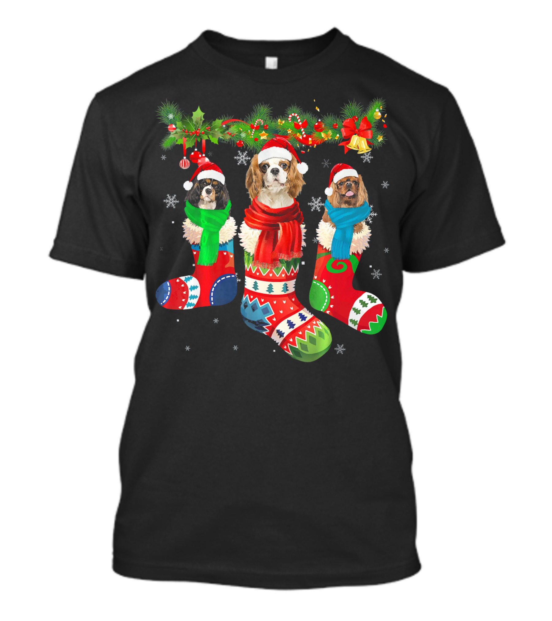 Three Cavalier King Charles Spaniel In Christmas Stockings With Santa Hats And Scarves T-Shirt