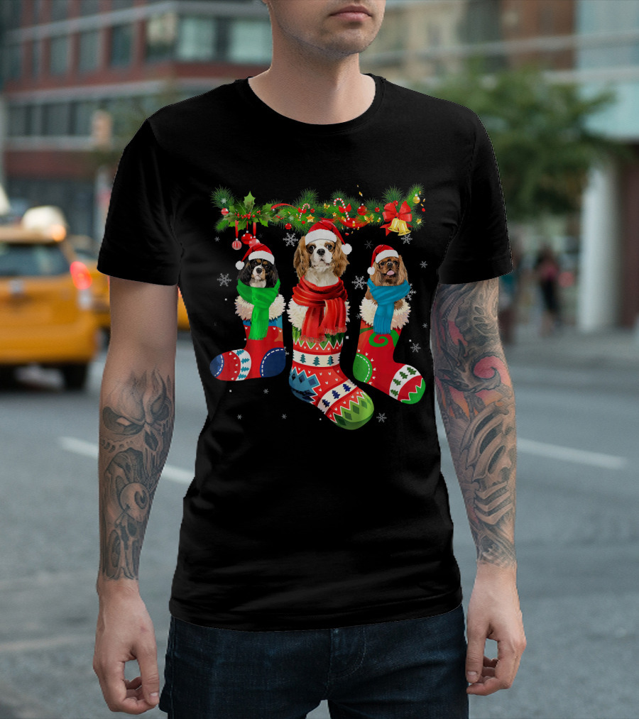 Three Cavalier King Charles Spaniel In Christmas Stockings With Santa Hats And Scarves T-Shirt