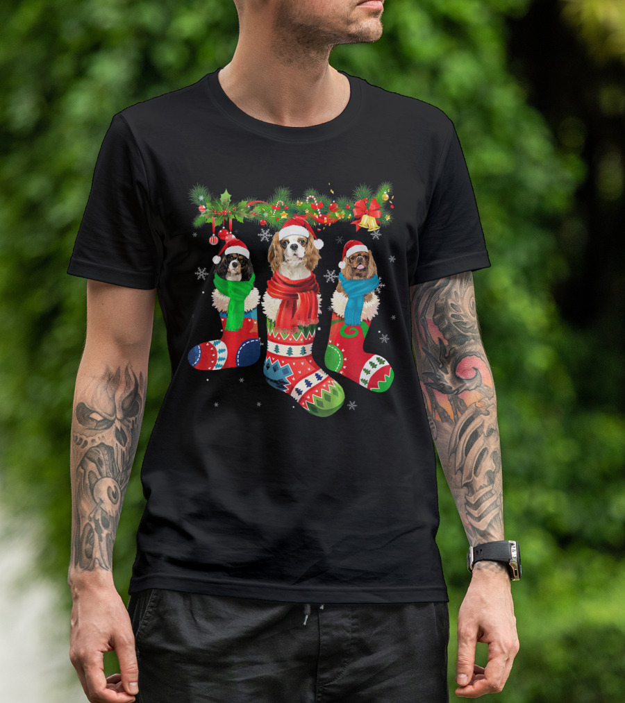 Three Cavalier King Charles Spaniel In Christmas Stockings With Santa Hats And Scarves T-Shirt