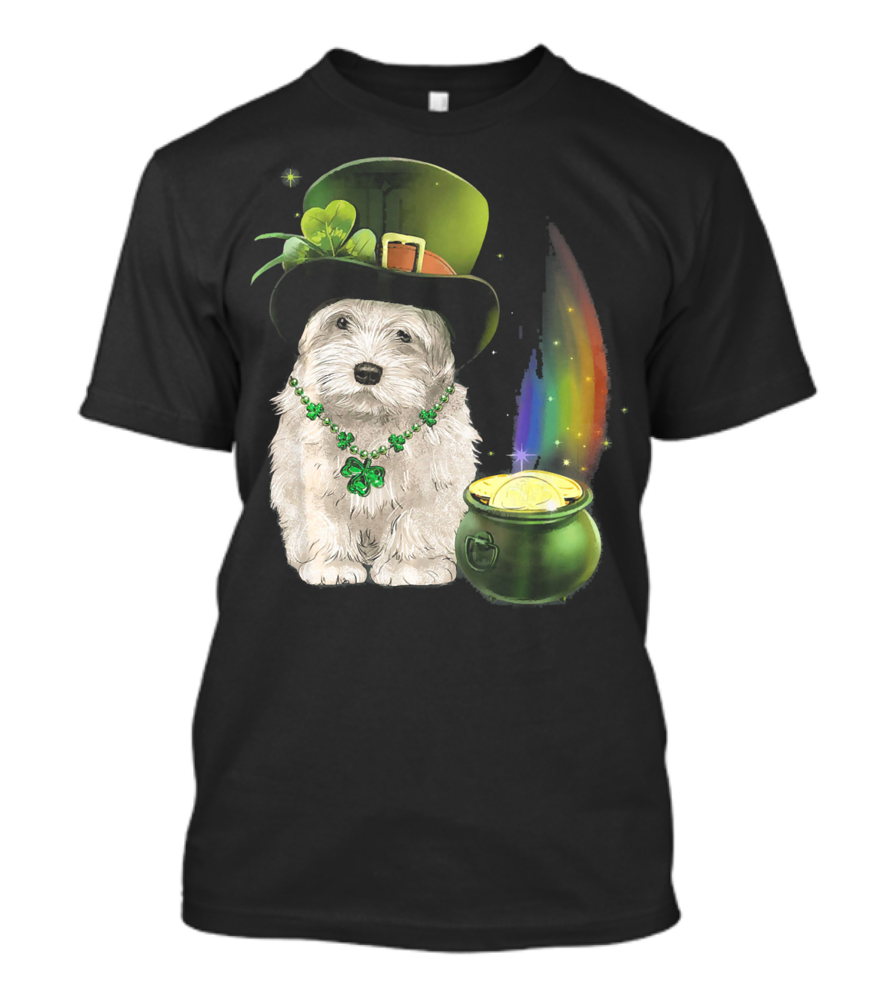 Leprechaun Hat Maltese With Clover Necklace And Pot Of Gold Rainbow T-Shirt