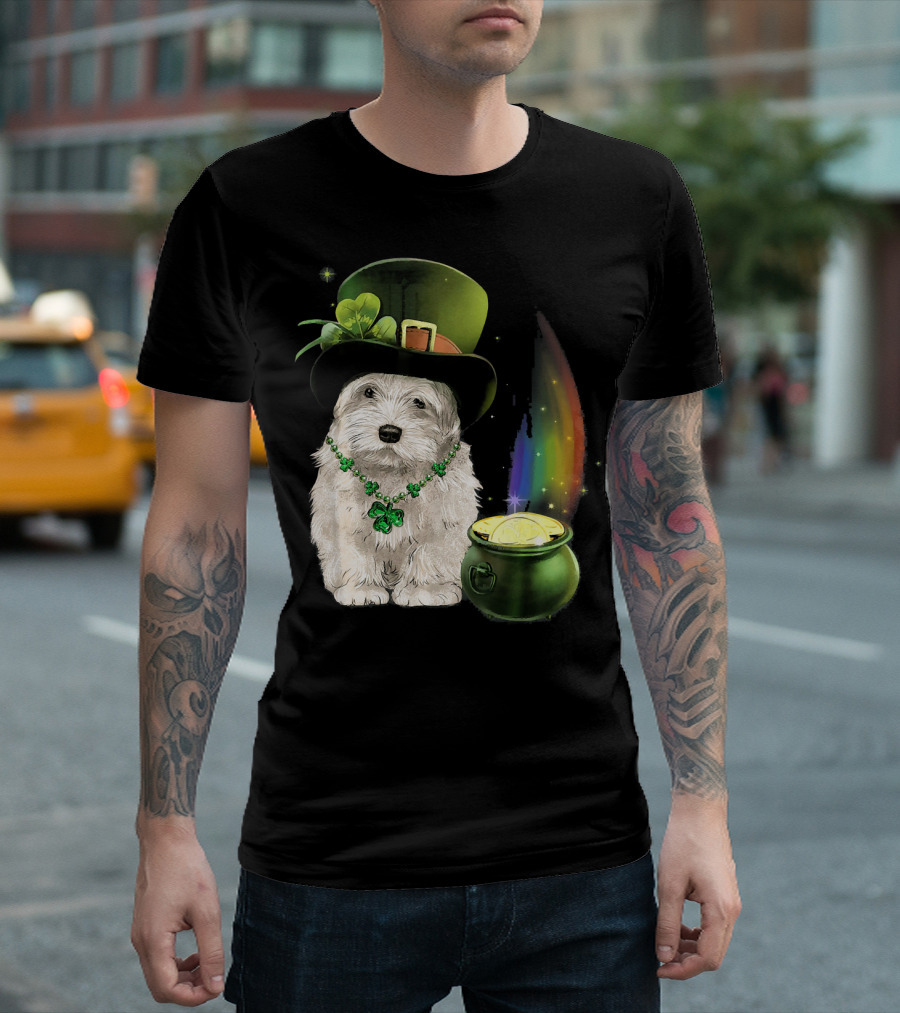 Leprechaun Hat Maltese With Clover Necklace And Pot Of Gold Rainbow T-Shirt