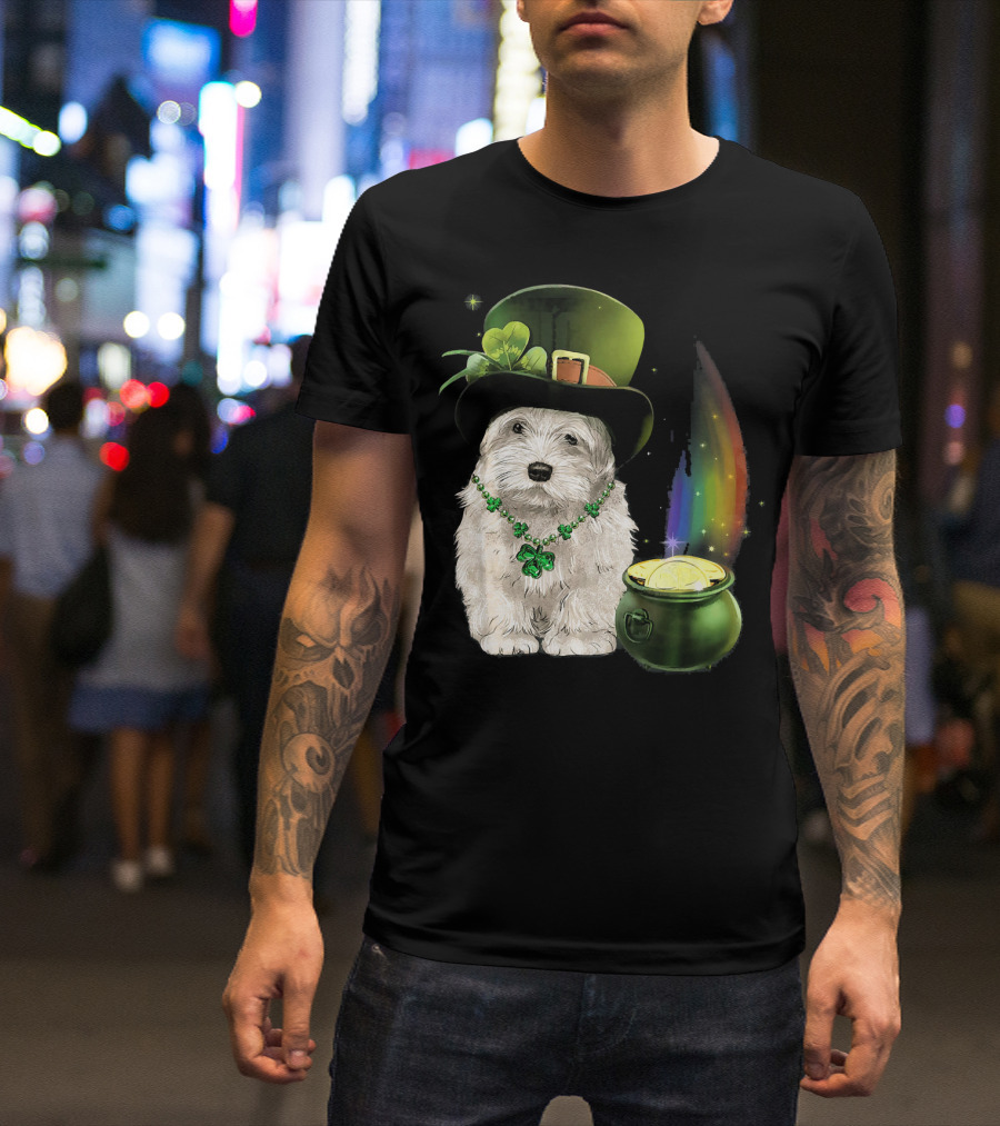 Leprechaun Hat Maltese With Clover Necklace And Pot Of Gold Rainbow T-Shirt