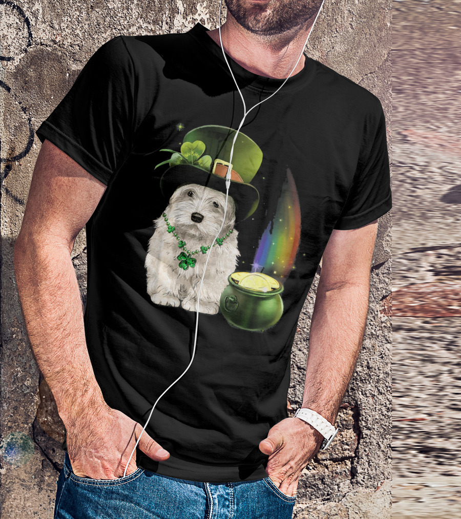 Leprechaun Hat Maltese With Clover Necklace And Pot Of Gold Rainbow T-Shirt