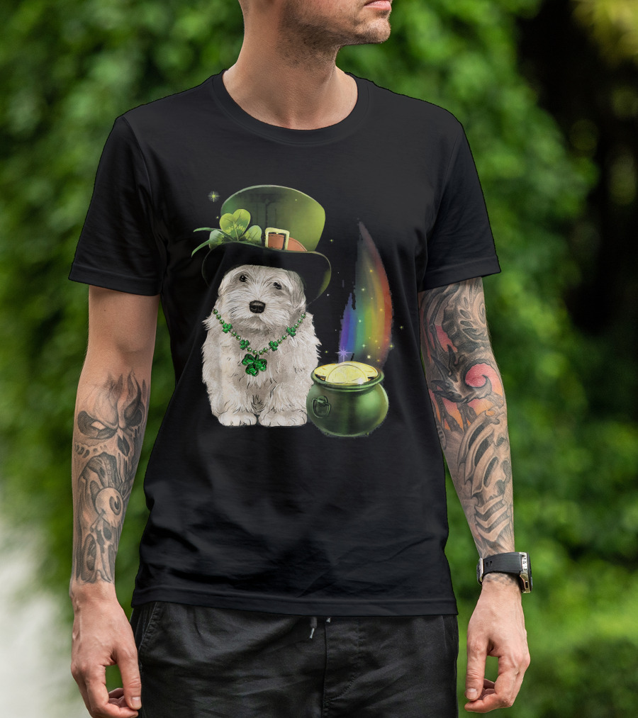 Leprechaun Hat Maltese With Clover Necklace And Pot Of Gold Rainbow T-Shirt
