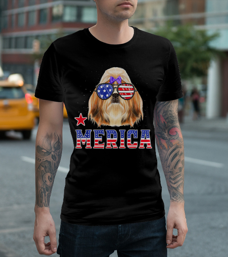 Shih Tzu Merica Patriotic 4th of July USA Glasses Bow Star T-Shirt