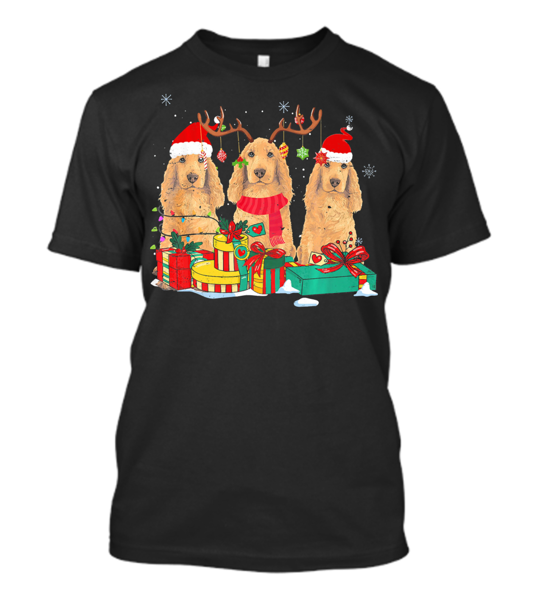 Cocker Spaniel Trio With Santa Hat Antlers And Christmas Gifts T-Shirt
