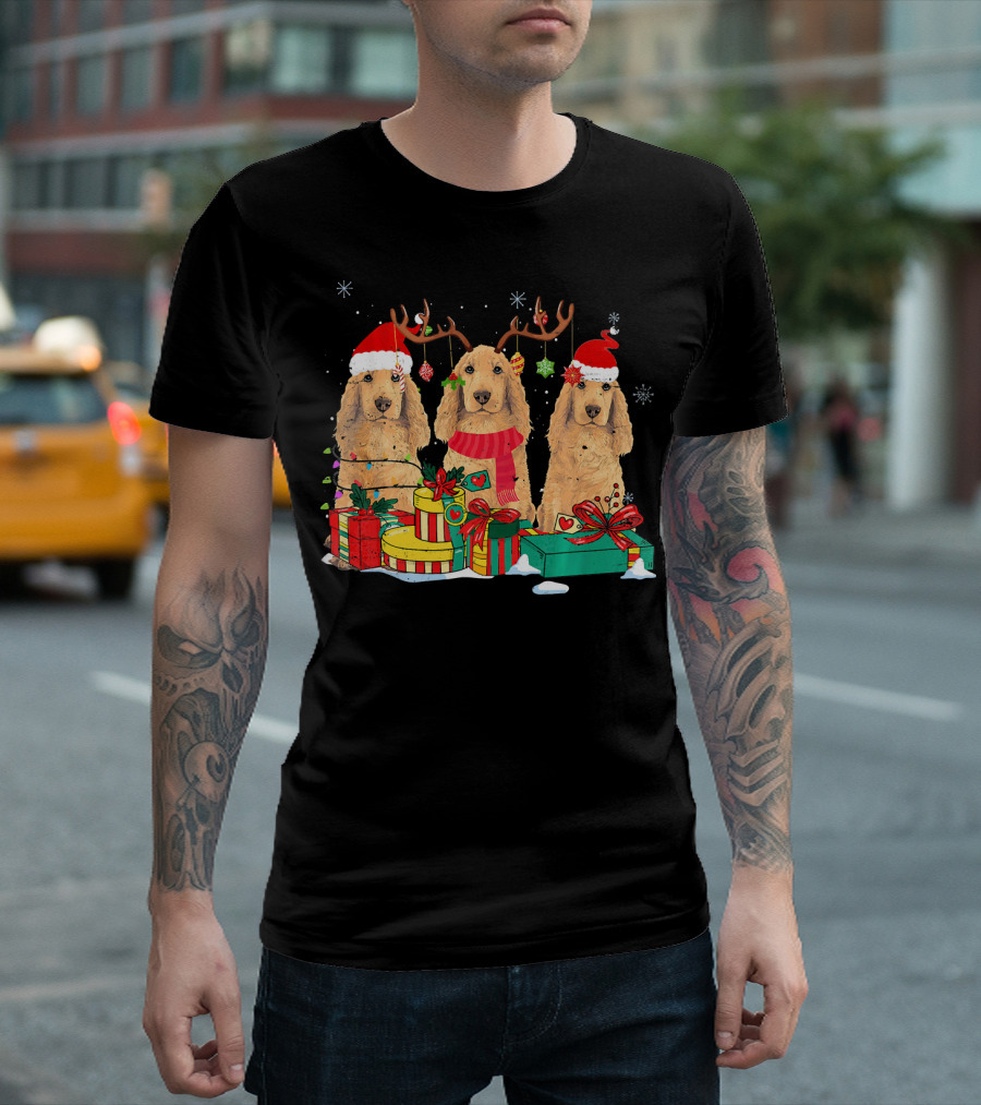 Cocker Spaniel Trio With Santa Hat Antlers And Christmas Gifts T-Shirt