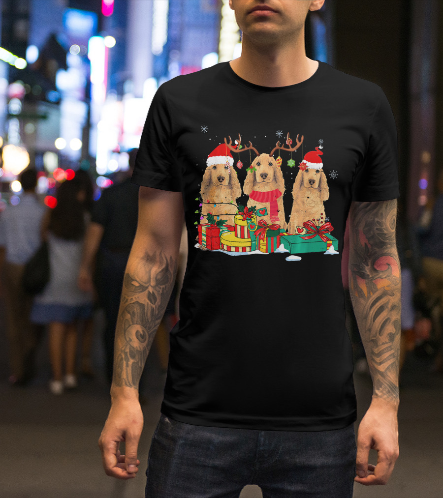 Cocker Spaniel Trio With Santa Hat Antlers And Christmas Gifts T-Shirt