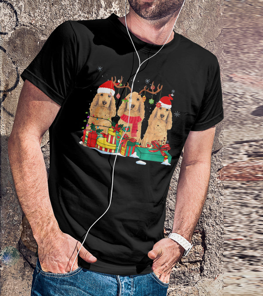 Cocker Spaniel Trio With Santa Hat Antlers And Christmas Gifts T-Shirt