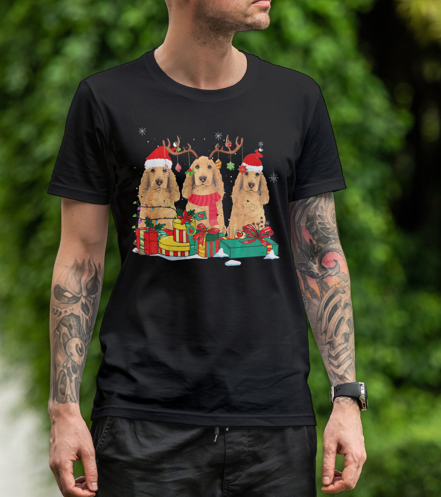 Cocker Spaniel Trio With Santa Hat Antlers And Christmas Gifts T-Shirt