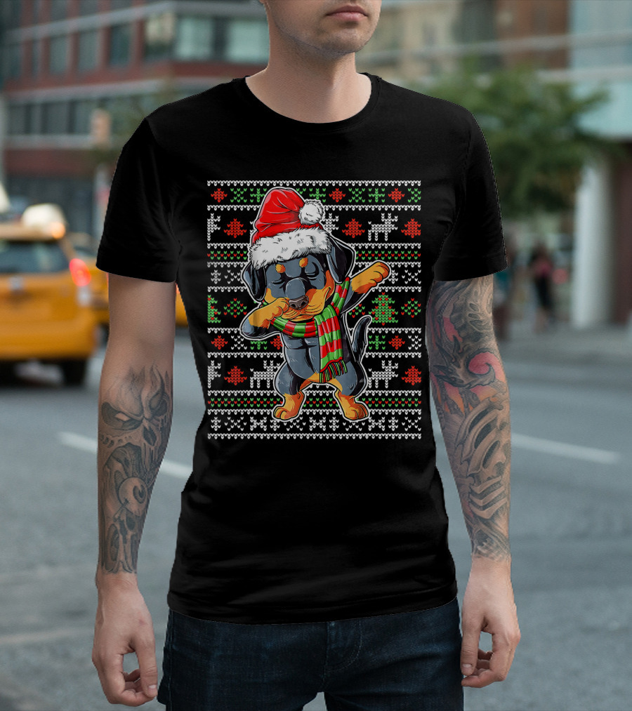 Rottweiler Santa Hat Dabbing Ugly Christmas T-Shirt