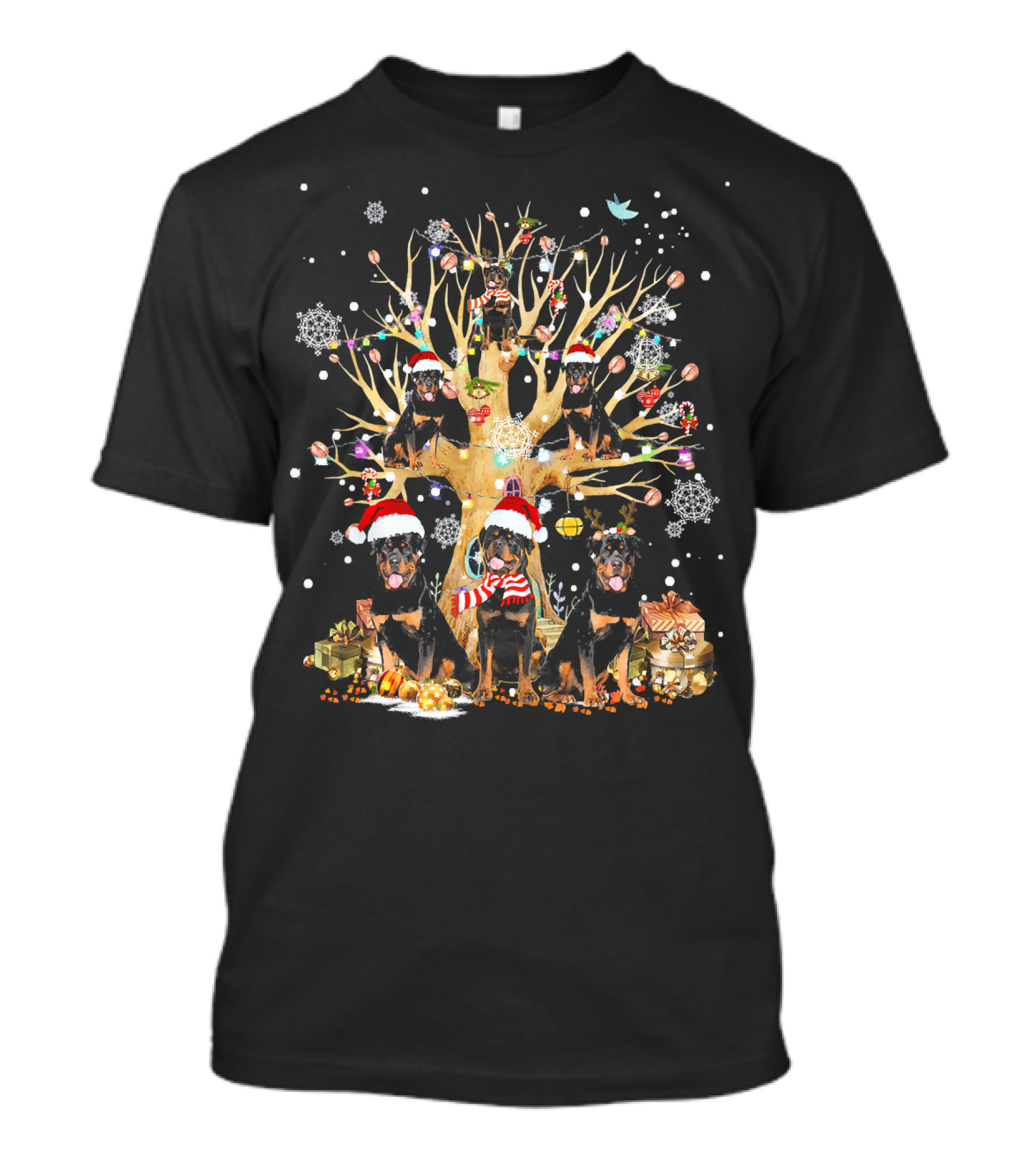 Rottweiler Christmas Tree Ornament Dogs In Festive Santa Hats And Scarves With Gifts And Snowflakes T-Shirt