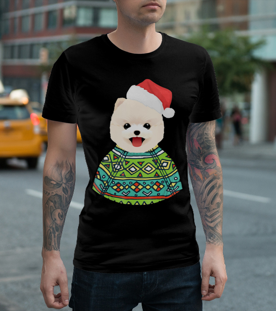 Santa Hat Christmas Pomeranian In Festive T-Shirt