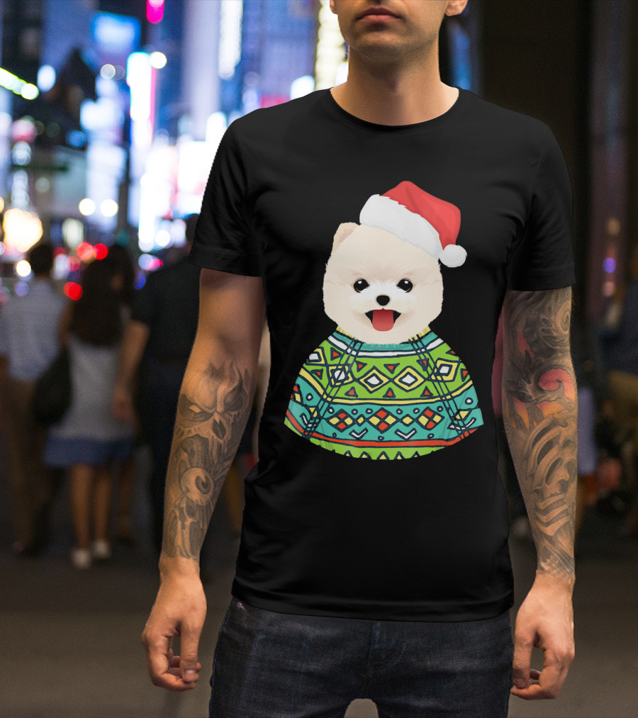 Santa Hat Christmas Pomeranian In Festive T-Shirt