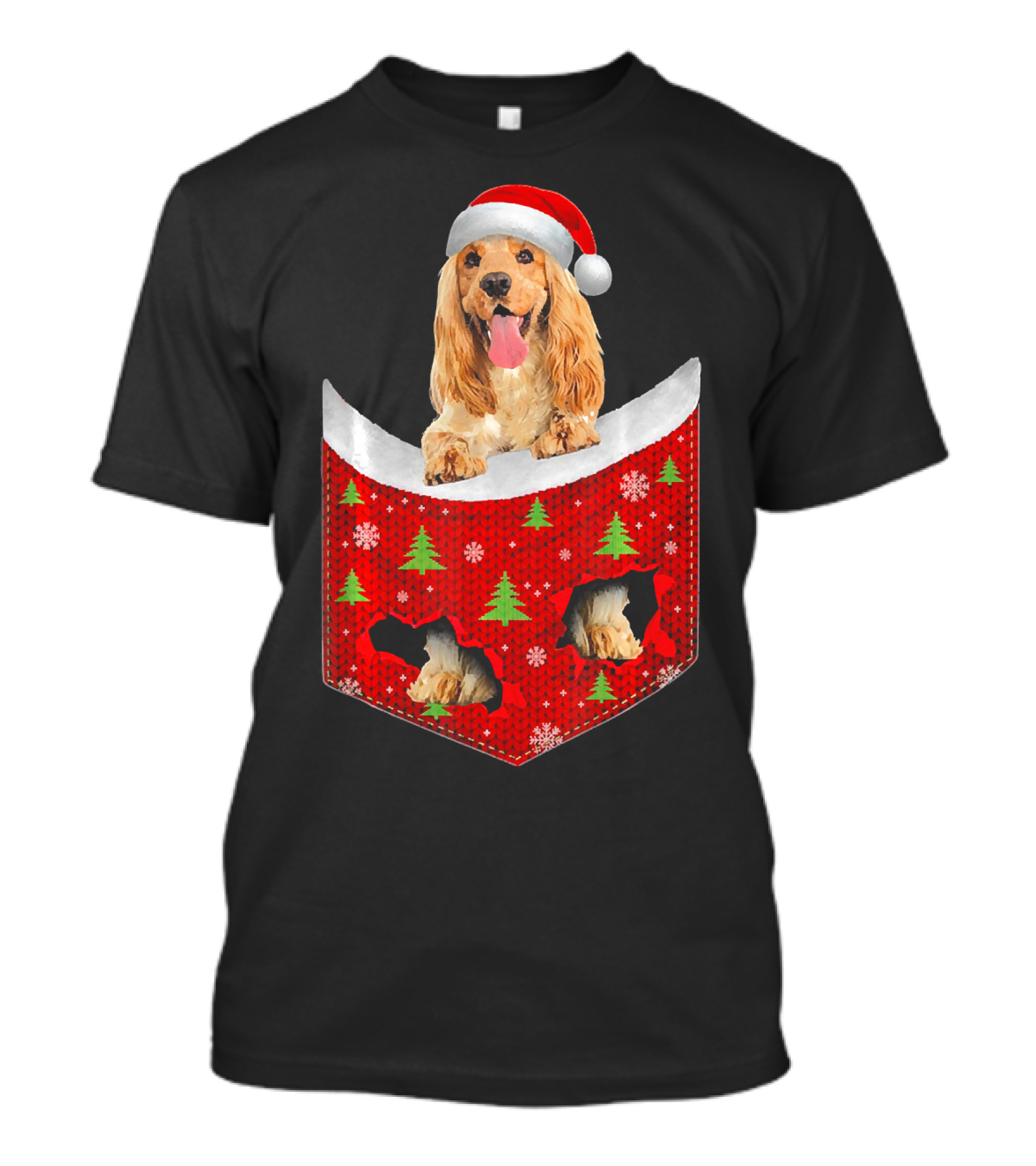 English Cocker Spaniel Santa Hat Christmas Pocket Tree T-Shirt