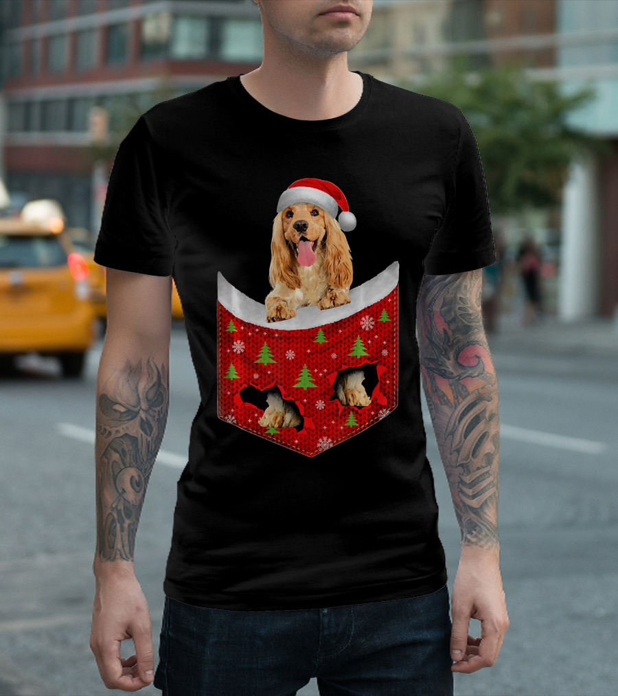 English Cocker Spaniel Santa Hat Christmas Pocket Tree T-Shirt