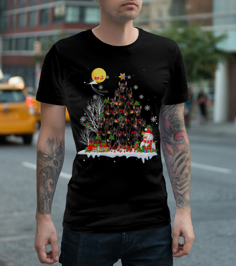 Doberman Pinscher Dog Christmas Reindeer Snowman Pine Tree Santa Sleigh Snowflakes T-Shirt