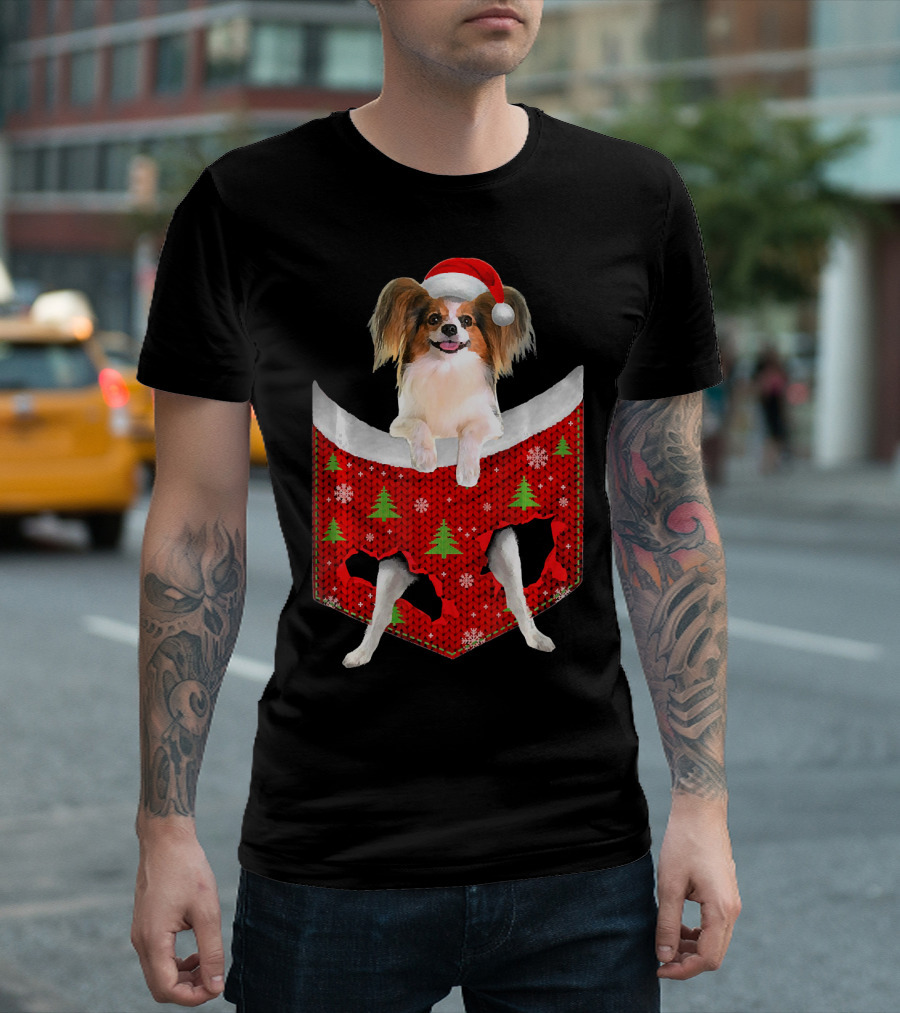 Papillon Dog in Santa Hat Peeking from Festive Christmas Pocket T-Shirt