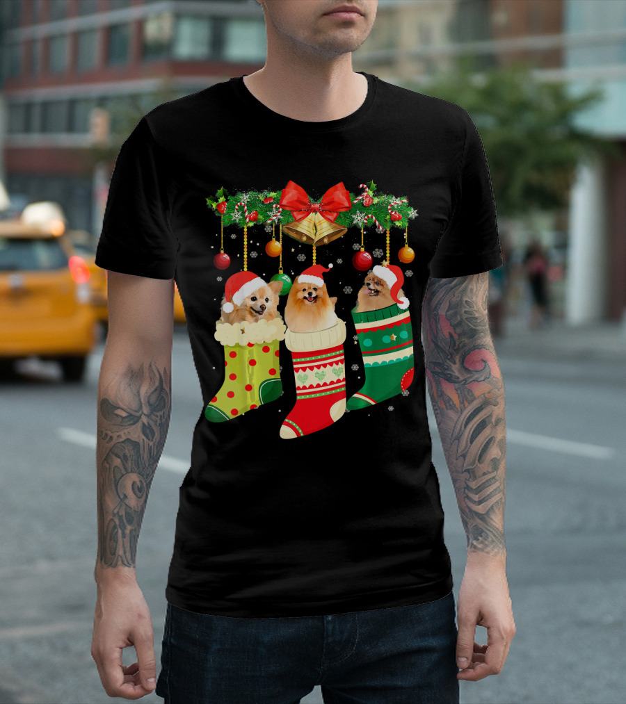 Pomeranians in Christmas Stockings with Santa Hats and Festive Decorations T-Shirt