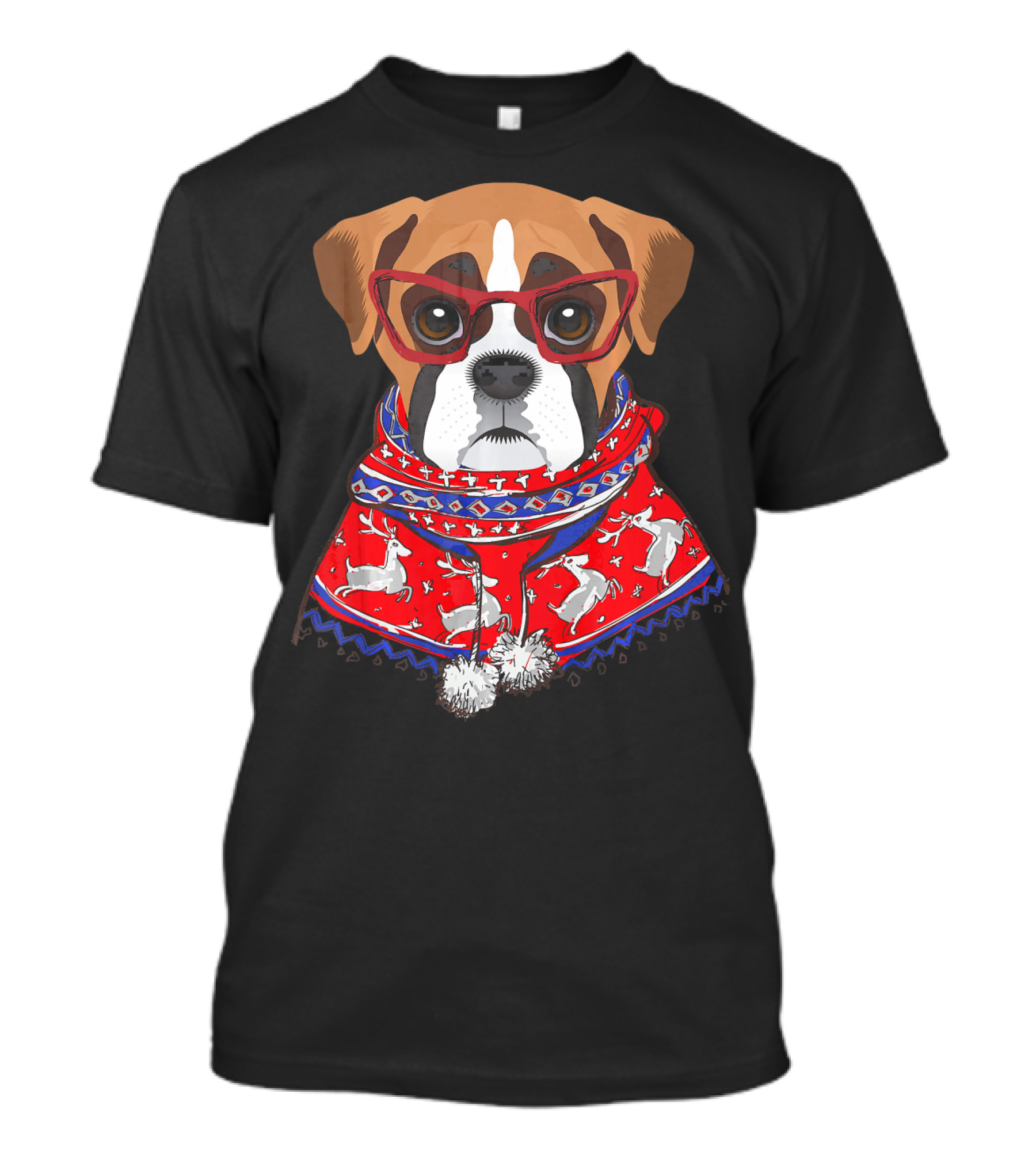Funny Boxer Dog In Christmas Sweater With Red Glasses T-Shirt