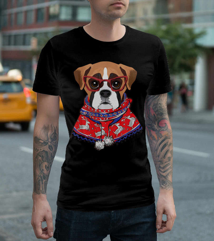 Funny Boxer Dog In Christmas Sweater With Red Glasses T-Shirt