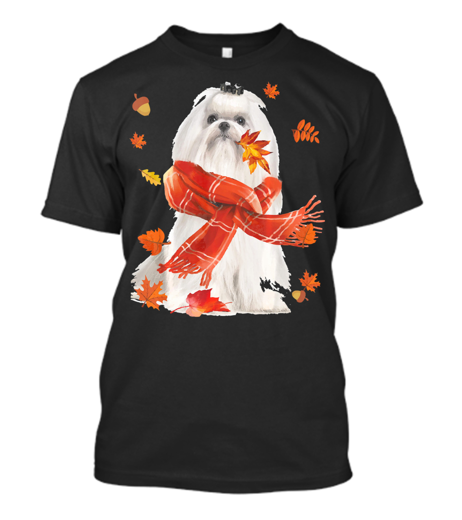 Cute Maltese Dog With Autumn Leaves And Scarf T-Shirt