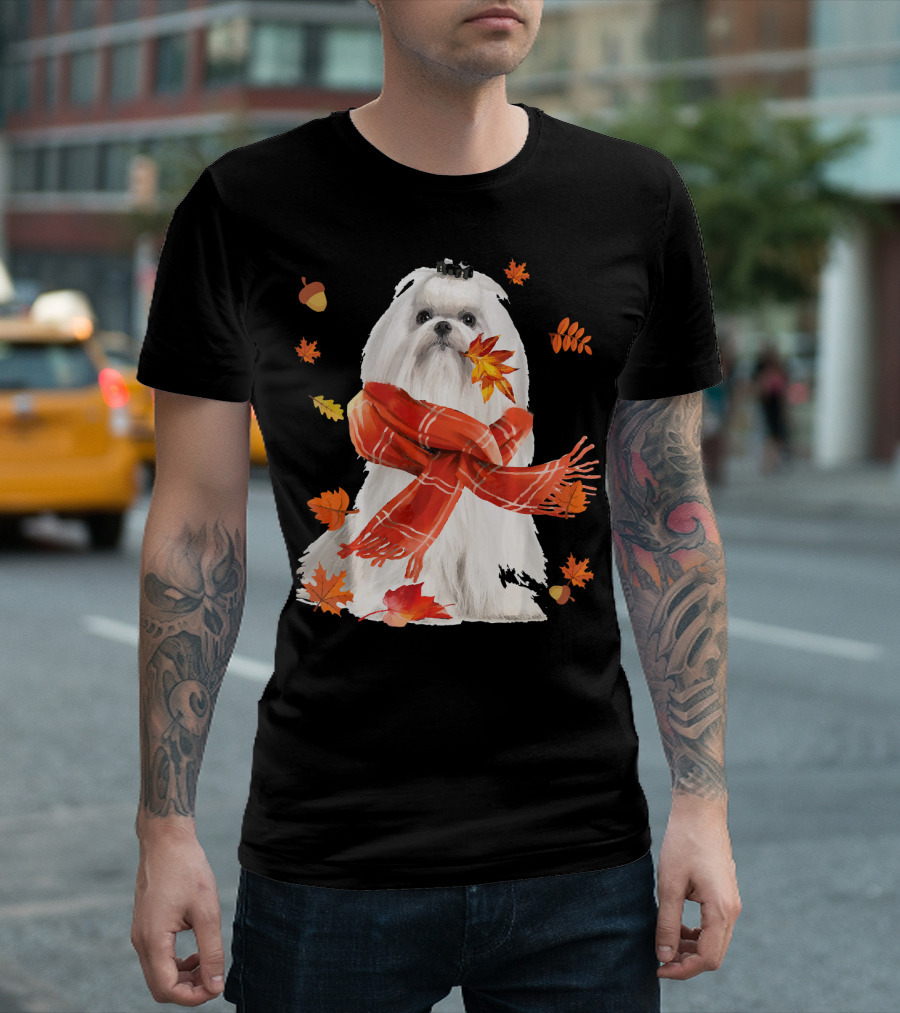 Cute Maltese Dog With Autumn Leaves And Scarf T-Shirt