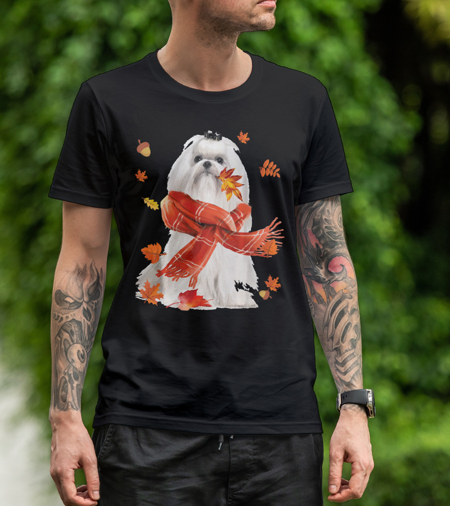Cute Maltese Dog With Autumn Leaves And Scarf T-Shirt