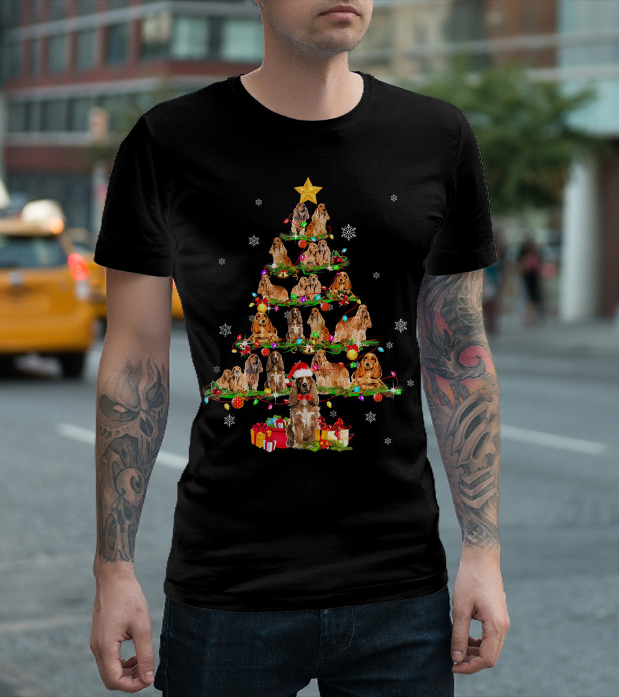 Cocker Spaniel Christmas Tree with Santa Hat and Lights T-Shirt