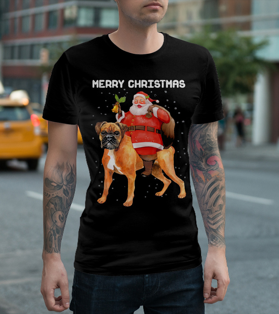 Merry Christmas Santa Riding Boxer Dog T-Shirt
