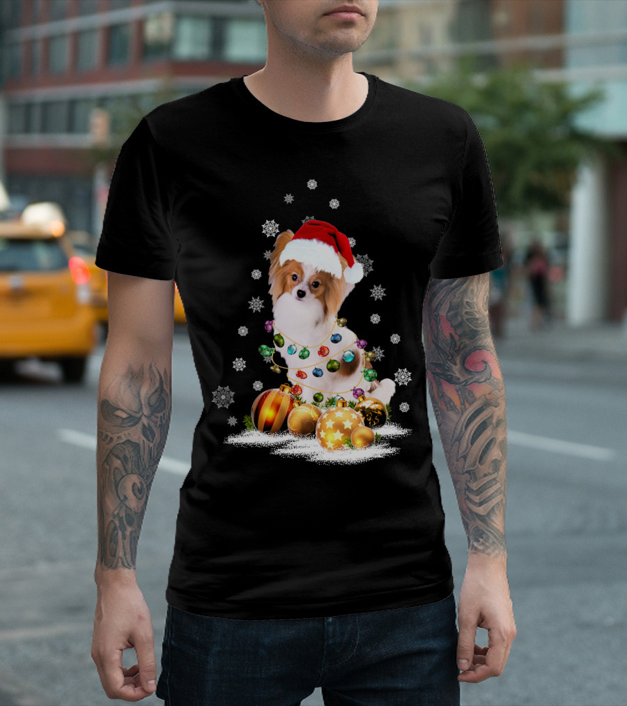 Papillon Christmas Dog Santa Hat Ornaments Snowflakes T-Shirt