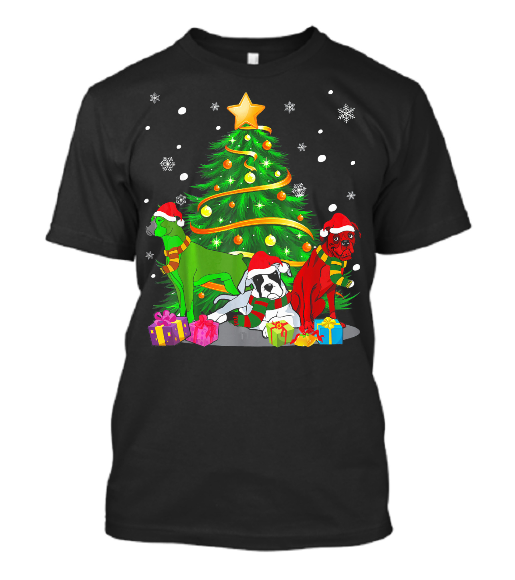 Boxer Family Christmas Time Dog Holiday Tree Gifts Snowflakes T-Shirt