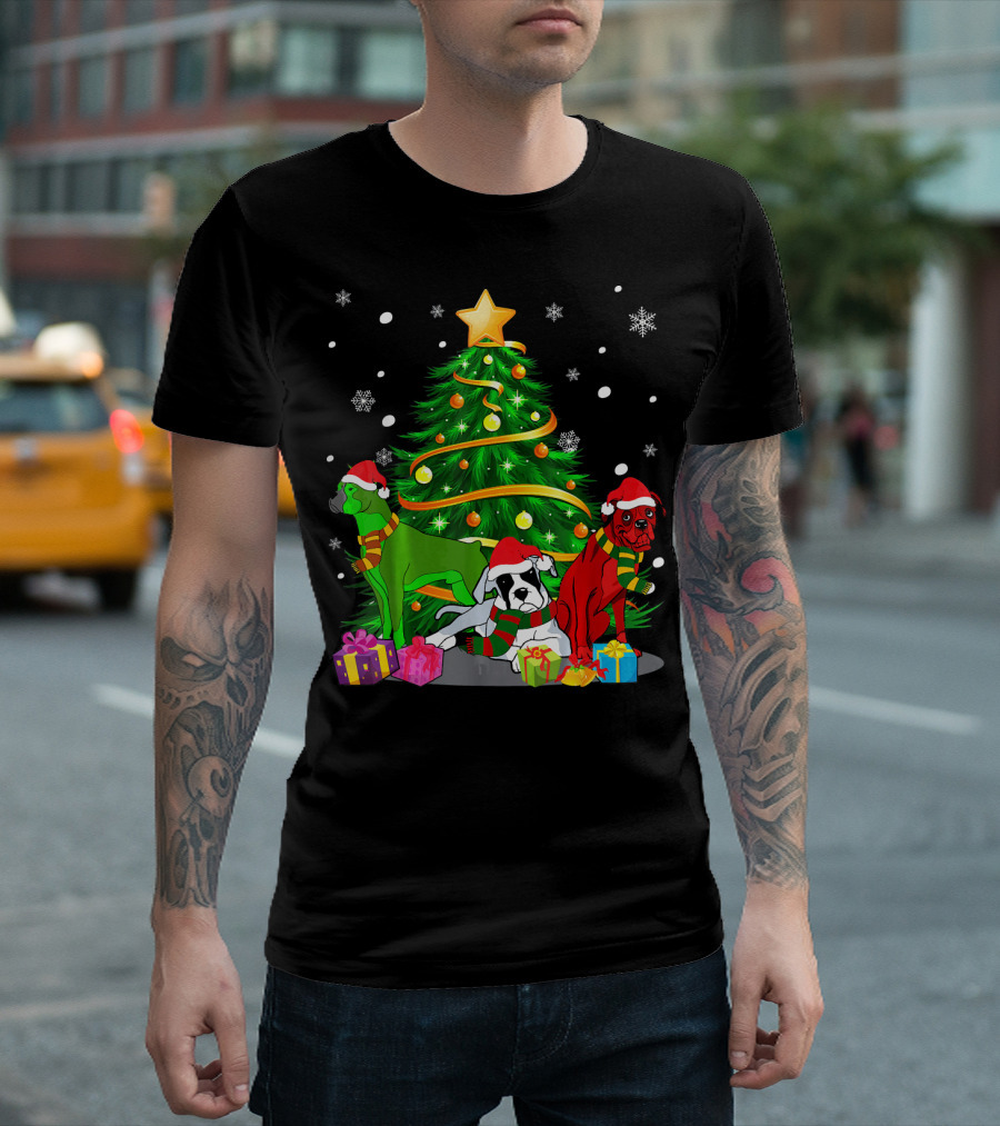Boxer Family Christmas Time Dog Holiday Tree Gifts Snowflakes T-Shirt