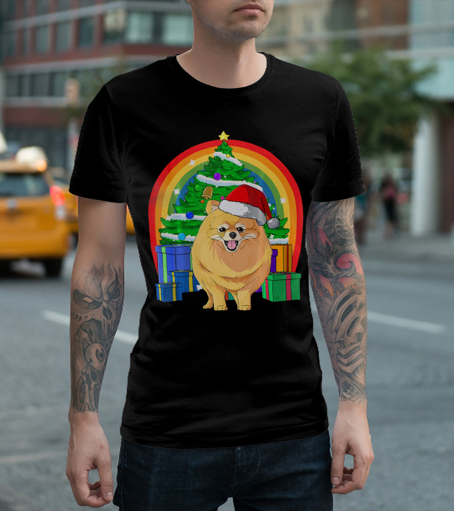 Pomeranian with Santa Hat in Front of Christmas Tree and Gifts T-Shirt