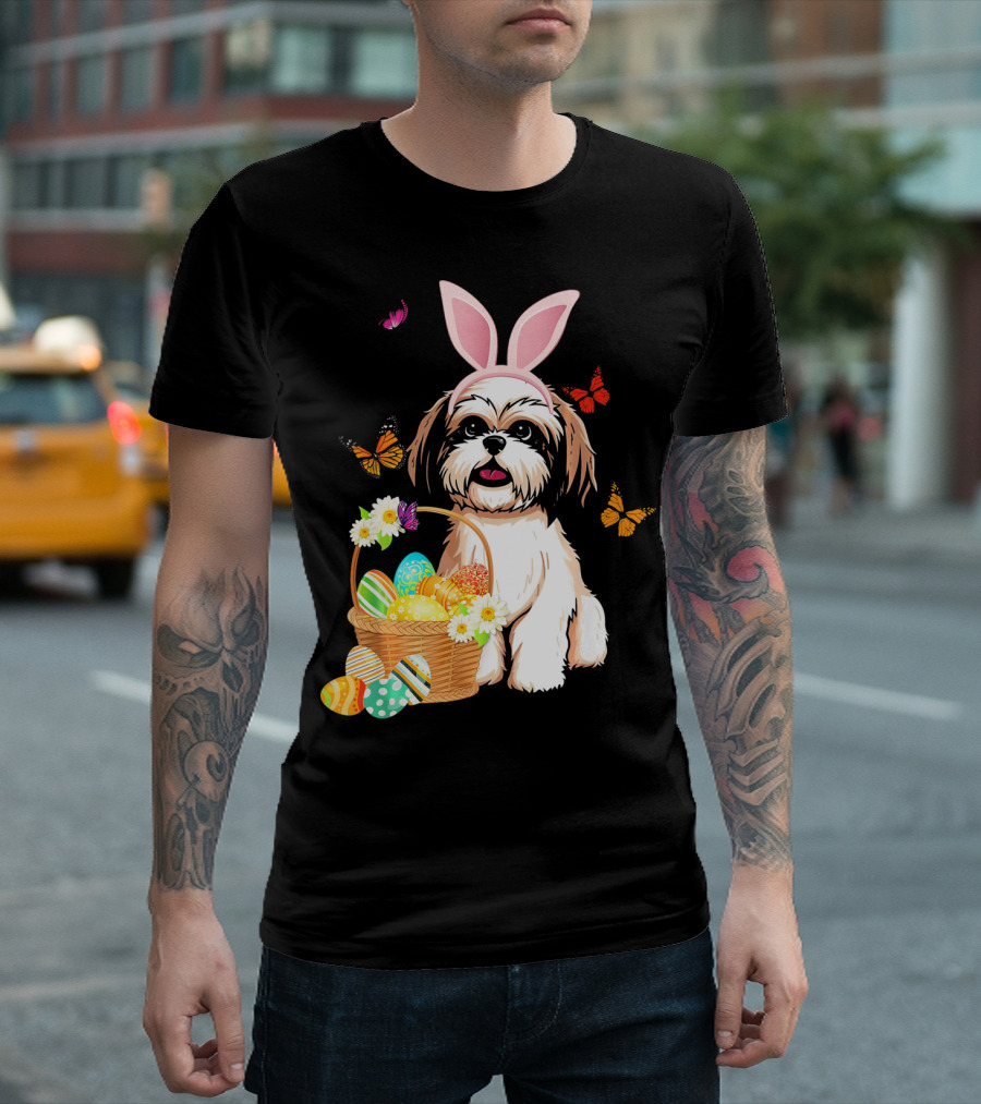 Shih Tzu Bunny Rabbit Hat With Easter Eggs And Butterflies T-Shirt