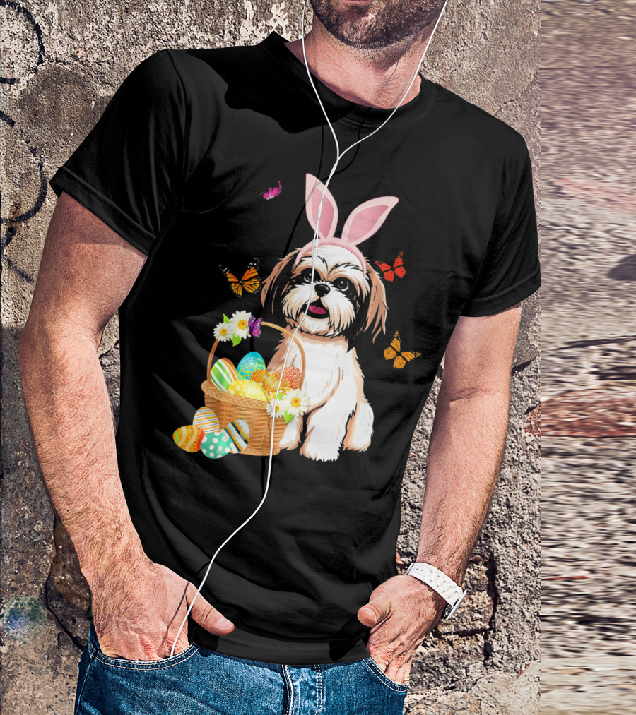 Shih Tzu Bunny Rabbit Hat With Easter Eggs And Butterflies T-Shirt