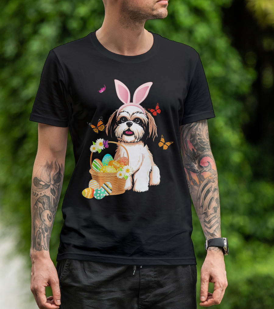 Shih Tzu Bunny Rabbit Hat With Easter Eggs And Butterflies T-Shirt