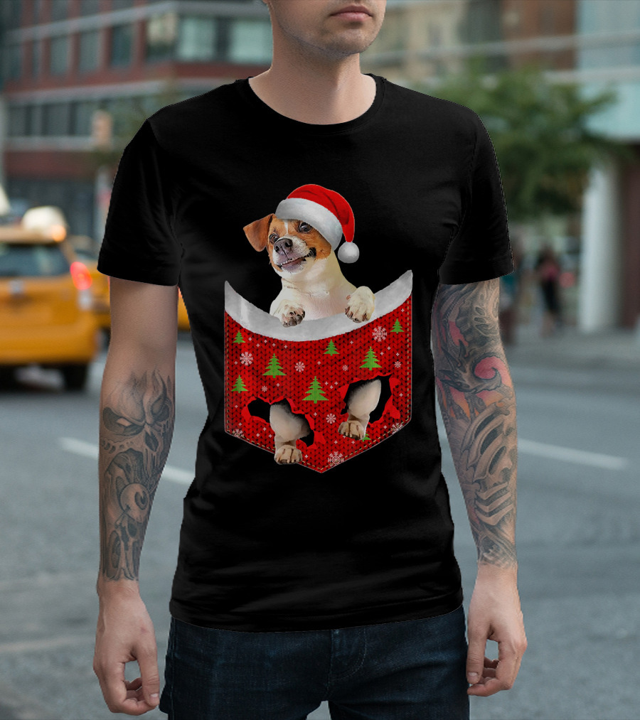 Jack Russell Terrier in Santa Hat Christmas Pocket with Red and Green Festive Trees and Snowflakes T-Shirt