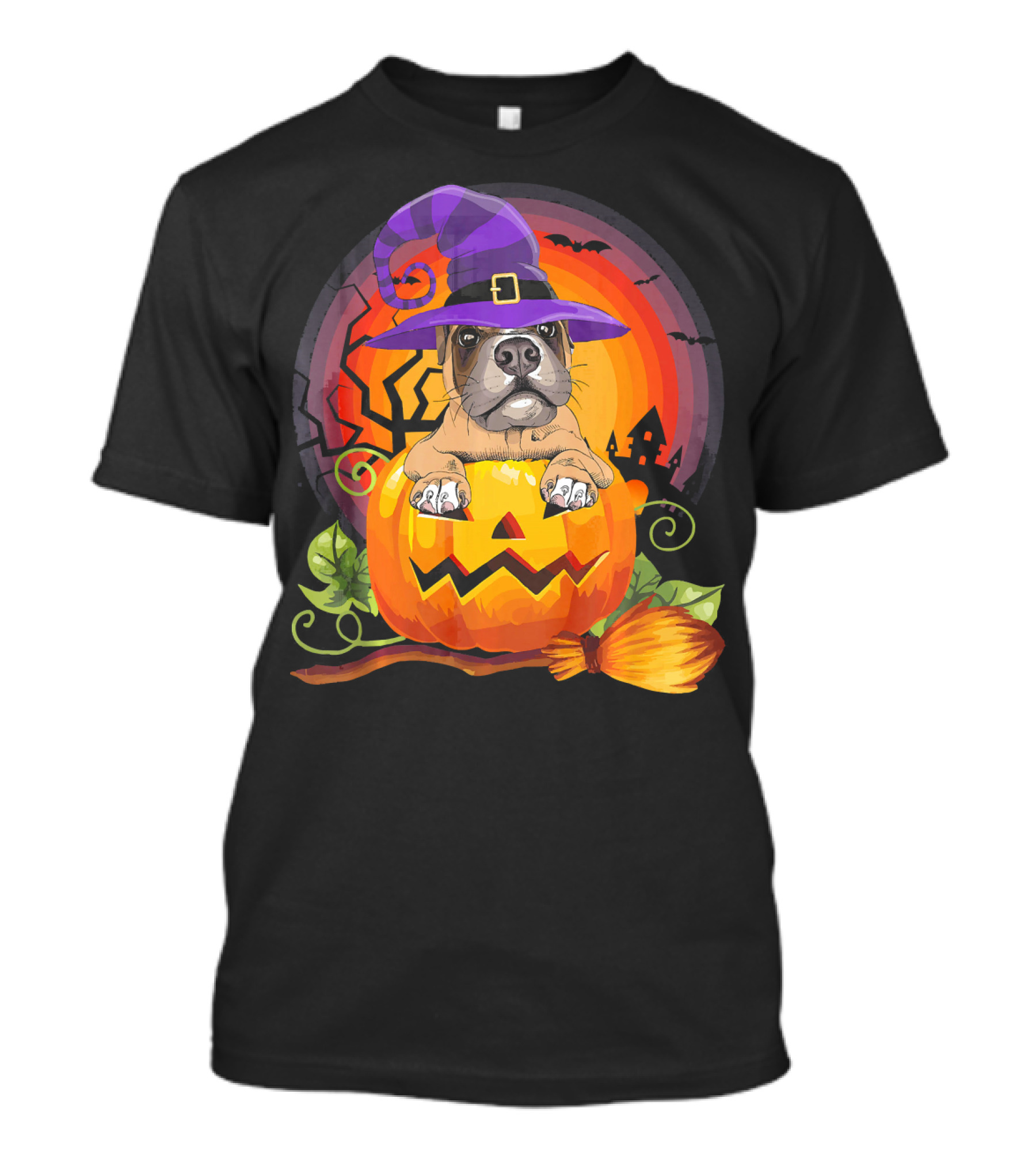 Boxer Dog In Witch Hat With Pumpkin Halloween Scene T-Shirt
