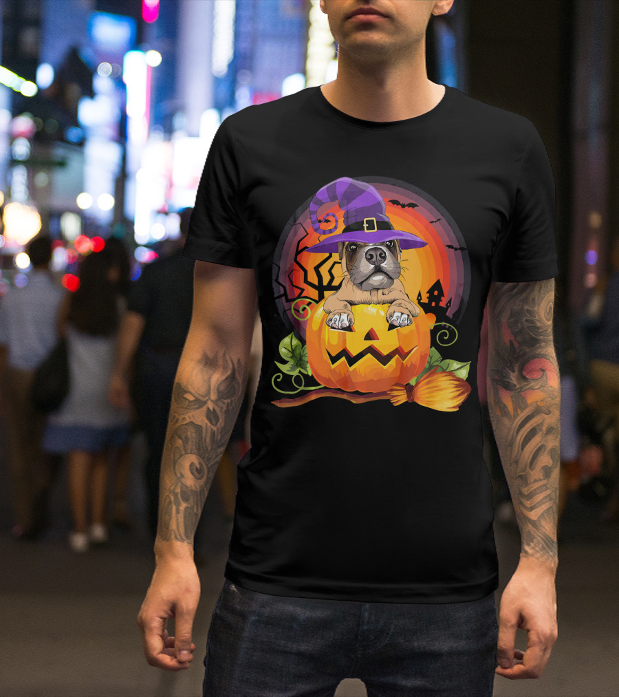 Boxer Dog In Witch Hat With Pumpkin Halloween Scene T-Shirt
